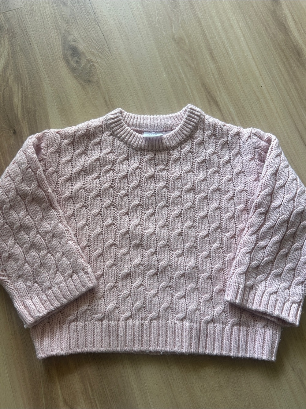 Zara Kids Cable Knit Crew Sweater in Pale Pink